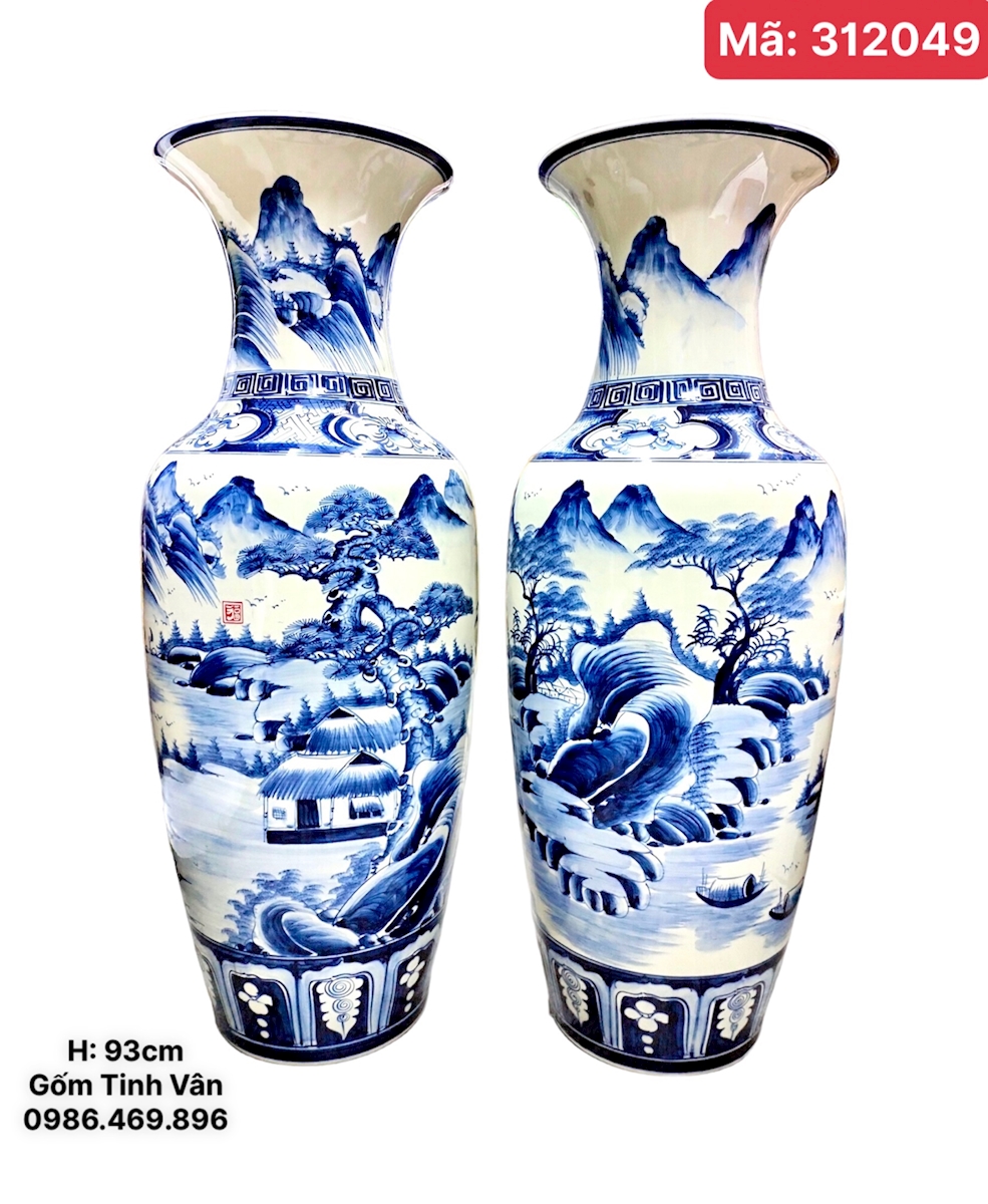 1 cặp lọ lục bình, mã 312049 cao 93 cm, xanh lam, cảnh sơn thuỷ hữu tình, gốm sứ bát tràng tinh vân