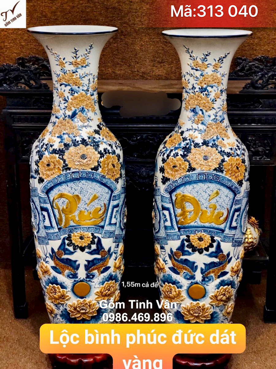 Lọ lục bình phúc đức rát vàng 24k, mã 313040, men rạn cổ, hoa văn đắp nổi 3D cao cấp, lọ lộc bình gốm bát tràng tinh vân cao 1.55 m cả đế