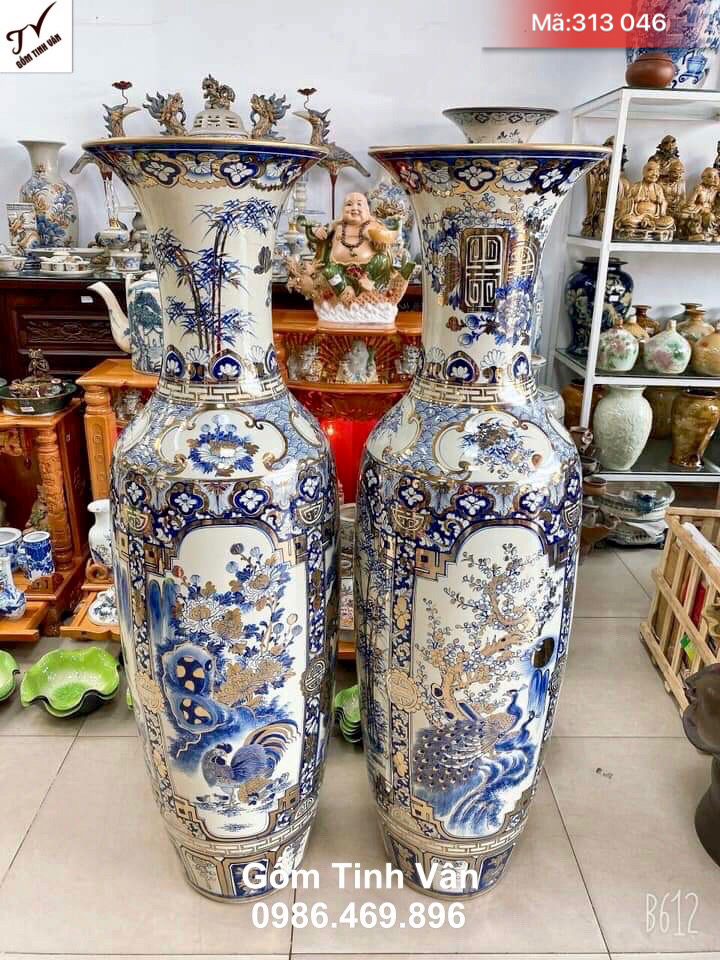 Lọ lục bình tứ quý vẽ vàng 24k, mã 313046, cao 1.55m cả đế, hoa văn vẽ tay xanh lam truyền thống bốn mùa xuân hạ thu đông, mai lan cúc trúc, lọ lộc bình vẽ vàng gốm bát tràng