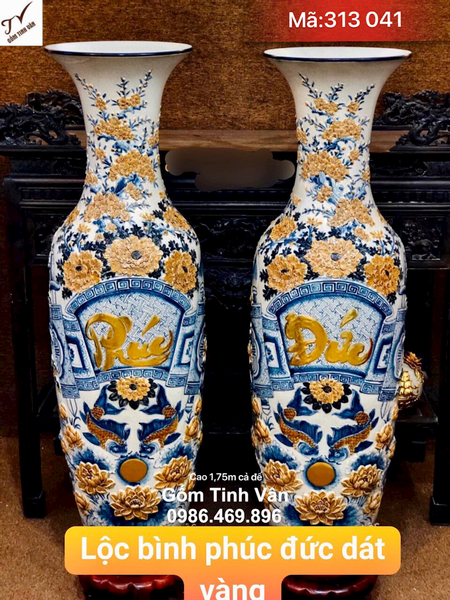 Lọ lục bình phúc đức rát vàng 24k, mã 313041, men rạn cổ, hoa văn đắp nổi 3D cao cấp, lọ lộc bình gốm bát tràng tinh vân cao 1.75 m cả đế