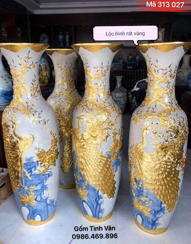 Lọ lục bình rát vàng 24k, mã 313027, chim công hoa đào đắp nổi, vinh hoa phú quý, gốm bát tràng, tinh vân, 1.2-1.4-1.6 met