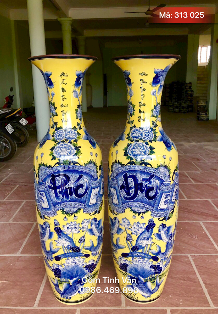 Lọ lục bình phúc đức men vàng 1.35m cả đế, mã 313025, gốm bát tràng tinh vân