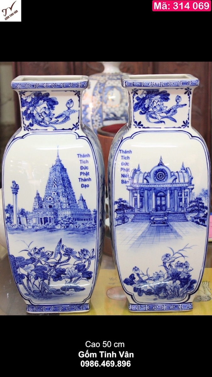 Cặp tiểu lộc bình dáng vuông men xanh lam cao cấp, mã 314069, cao 50 cm, hoa văn vẽ tay sắc nét, vẽ tượng phật chùa, phong cảnh, tiểu lục bình gốm bát tràng cao cấp
