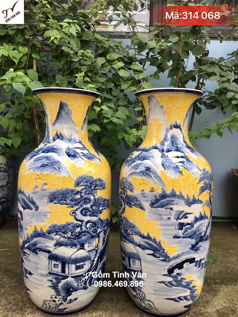 Cặp tiểu lộc bình men vàng vẽ tay cảnh sơn thuỷ hữu tình, mã 314068, cao 50 cm, lọ lục bình cỡ nhỏ gốm bát tràng cao cấp