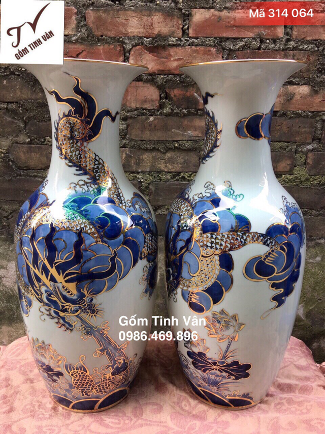 Lọ lục bình, mã 314064, hoa văn rồng cuốn thuỷ, vẽ vàng 24k, cao 52 cm, đk 20 cm, vẽ tay tinh xảo, gốm bát tràng, tinh vân