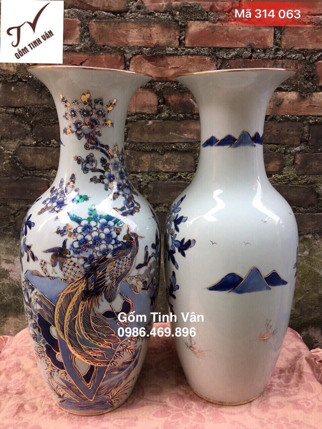 Tiểu lục bình, mã 314063, vẽ cảnh chim hoa, cao 52 cm, dk 20 cm, vẽ vàng 24k, hoa văn vẽ kỹ, tinh xảo, gốm bát tràng, tinh vân