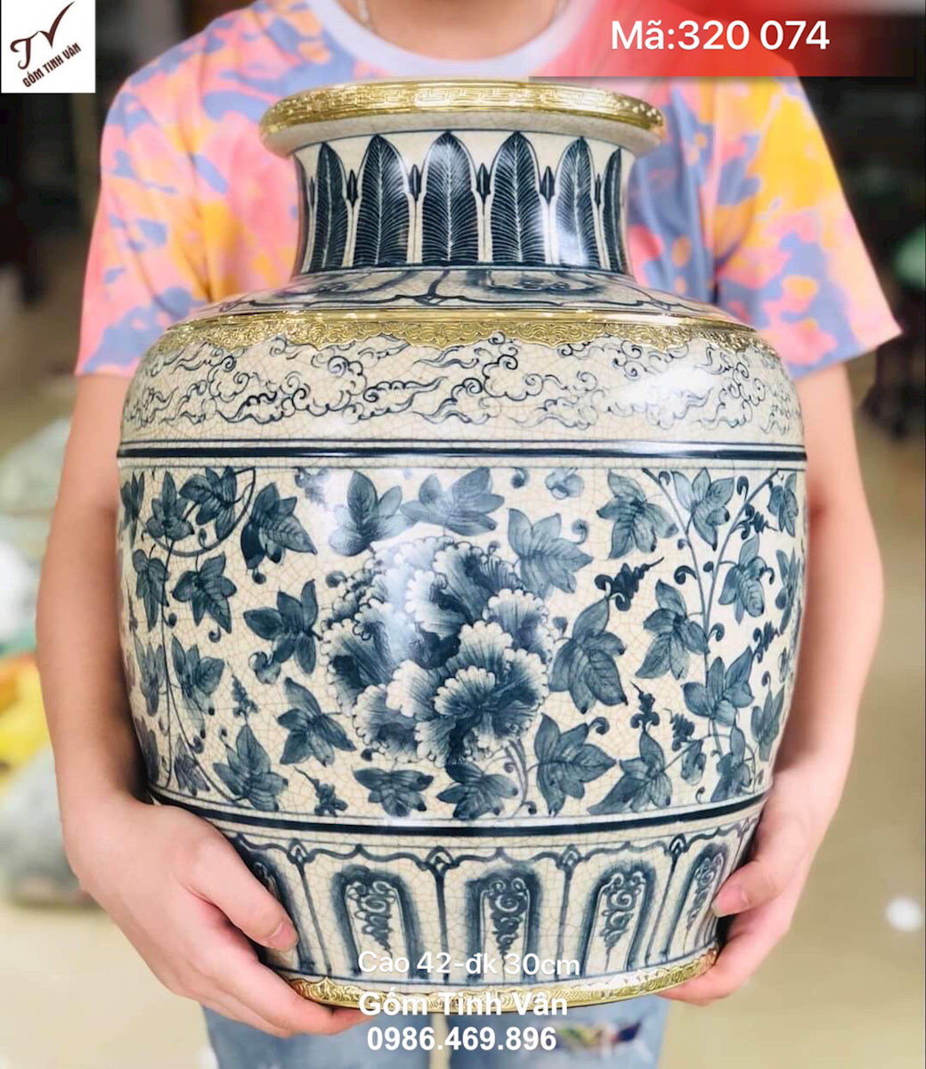 Thạp hoa dây cổ viền đồng, mã 320074, cao 42 đường kính 30 cm, bình gốm tài lộc phong thuỷ, gốm bát tràng tinh vân