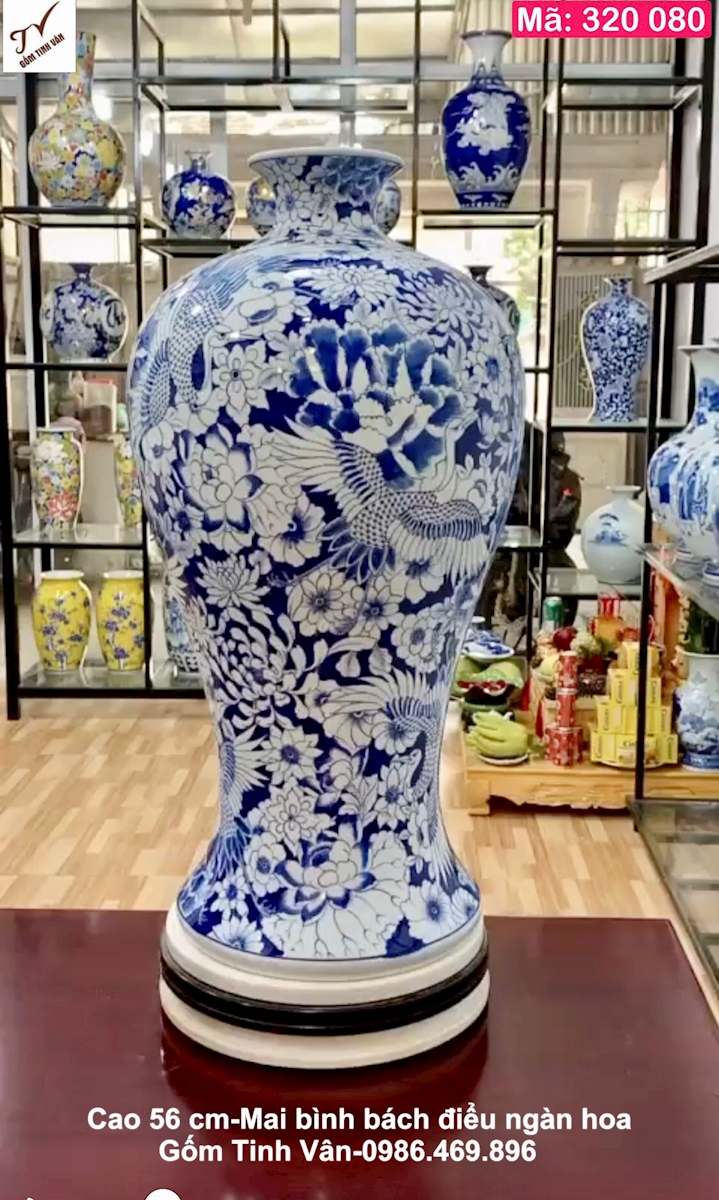 Mai bình tích lộc cao 56 cm, mã 320080, hoa văn xanh lam truyền thống, vẽ tay sắc nét, tinh xảo, cảnh bách điểu ngàn hoa, mang tài lộc đến gia chủ, mai bình phong thuỷ gốm bát tràng