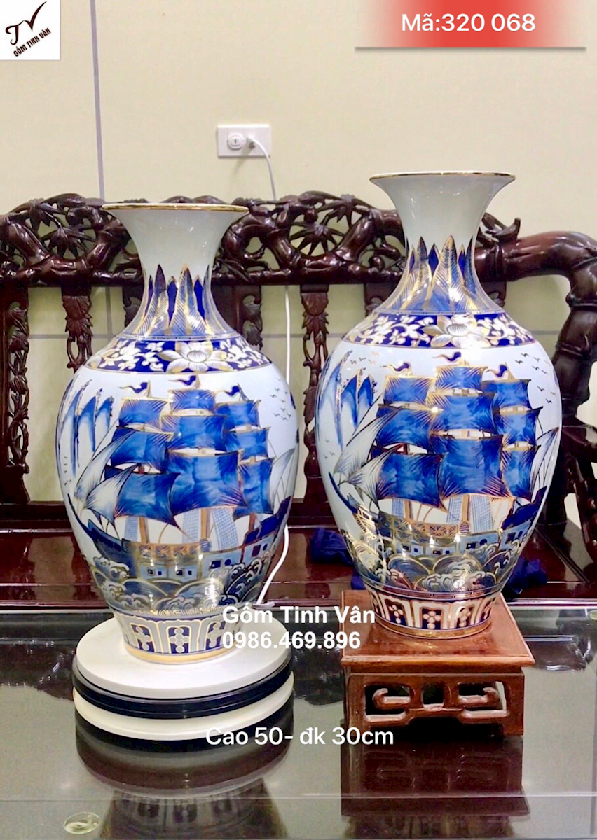 Cặp bảo bình thuận buồm xuôi gió vẽ vàng 24k, mã 320068, cao 50 đường kính 30 cm, bình hút tài lộc phong thuỷ, vạn sự hanh thông, phát tài phát lộc, nét vẽ tinh xảo, bảo bình gốm bát tràng cao cấp