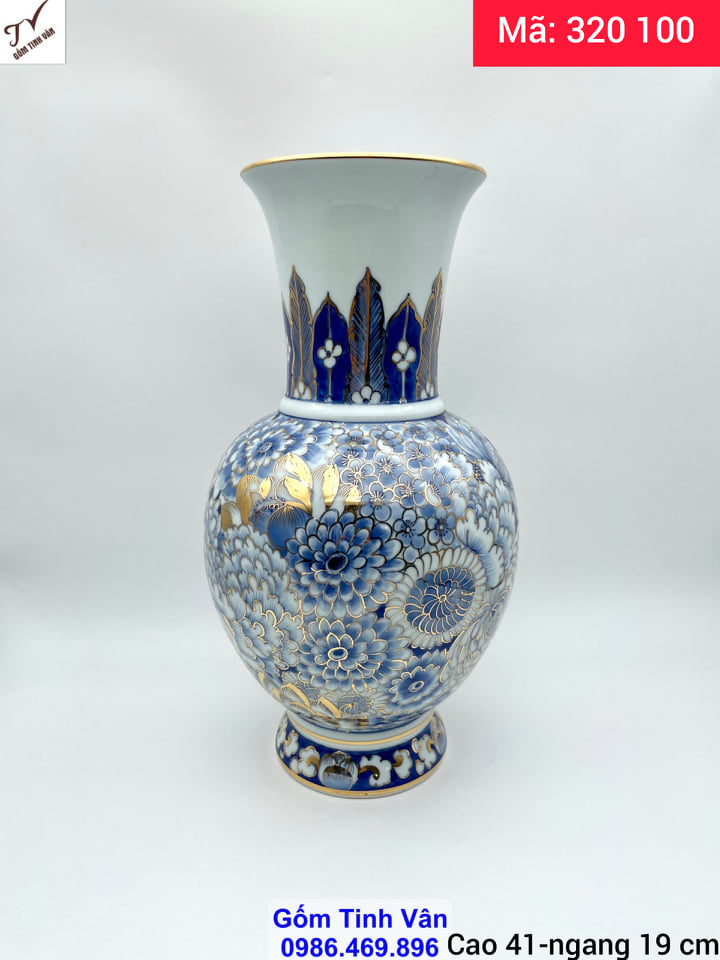 Bảo bình ngàn hoa vẽ vàng 24k cao cấp, mã 320100, hoa văn xanh lam cổ điển, cao 41 ngang 19 cm, bình gốm phong thủy hút tài lộc, gốm sứ bát tràng tinh vân