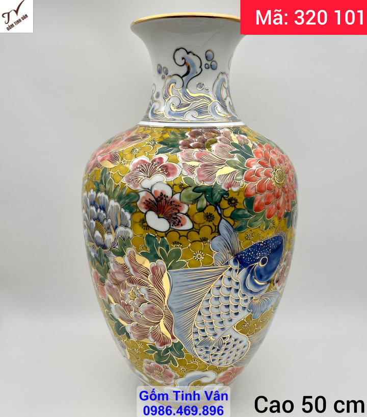 Bảo bình vẽ vàng 24 k cao cấp, cá chép ngàn hoa, trăm hoa đua nở, ngàn hoa phát tài, mã 320101, cao 50 ngang 25 cm, hoa văn vẽ kỹ tinh xảo, nghệ thuật công phu, gốm sứ bát tràng tinh vân