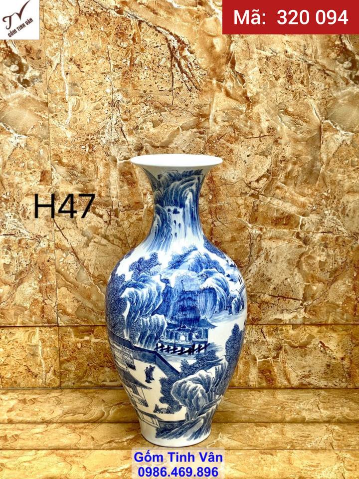 Bảo hình hút tài lộc, tụ vượng khí, cao 47 ngang 28 cm, mã 320094, bình gốm phong thủy hút tài lộc, hoa văn vẽ tay tinh xảo cảnh sơn thủy hữu tình sắc nét, màu xanh lam cổ truyền, gốm sứ bát tràng tinh vân