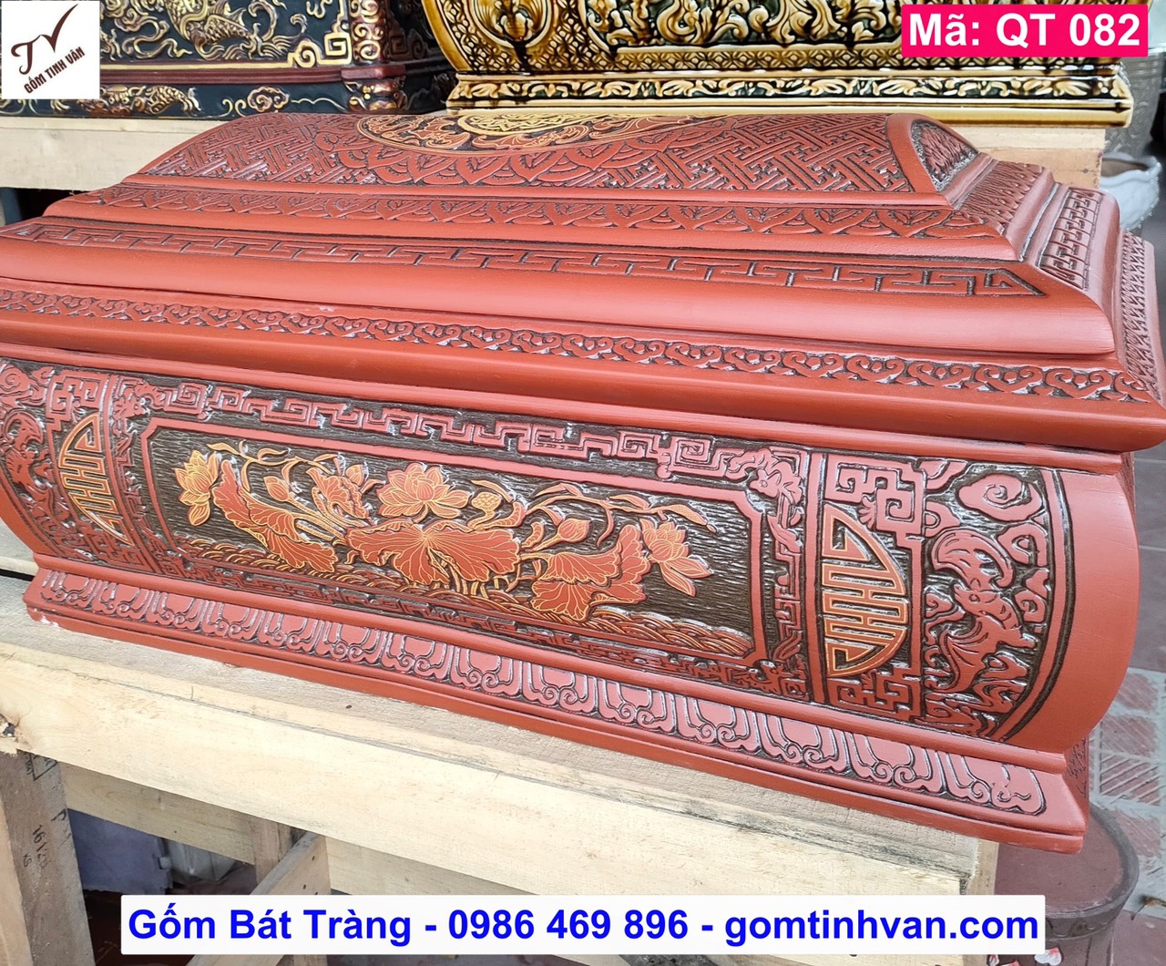 Bộ quách tiểu gốm đất nung nâu đỏ, mã QT082, hoa sen đắp nổi 3D, hũ đựng tro cốt, sang cát, bốc mộ, cải táng, hoả táng, gốm bát tràng tinh vân