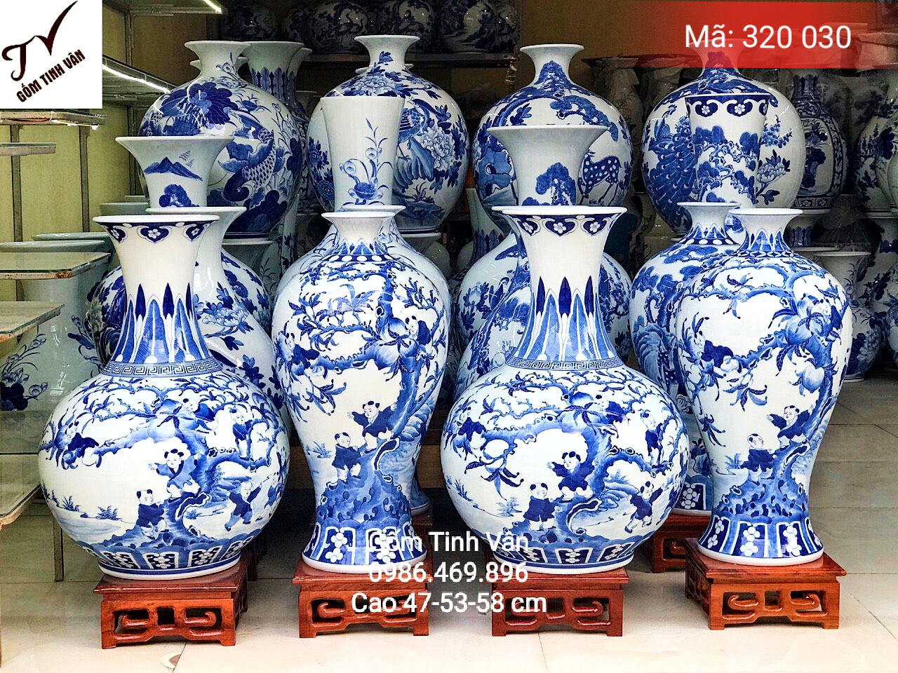 Bộ sưu tập độc bình dáng tỏi, mai bình phú quý, mã 320030, cảnh bách nhi bách phúc, men trắng hoa văn xanh lam truyền thống, cao 47-53-58 cm, gốm sứ bát tràng, tinh vân