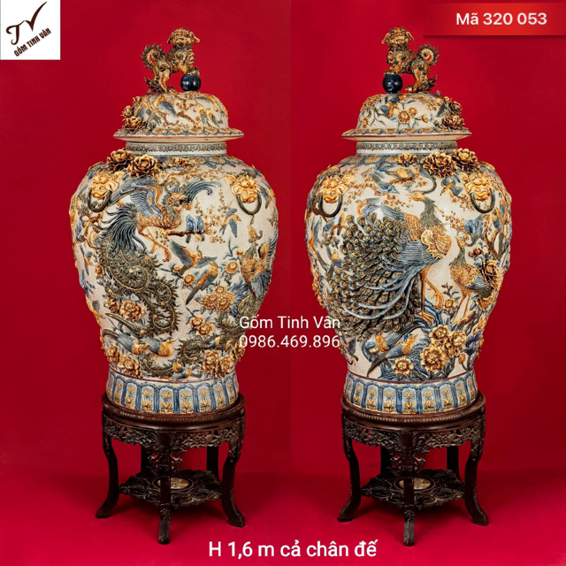 Choé phát tài phát lộc, mã 320053, men rạn cổ, đắp nổi chim công hoa đào, vinh hoa phú quý, cao 1.6 m cả đế,  gốm bát tràng tinh vân cao cấp