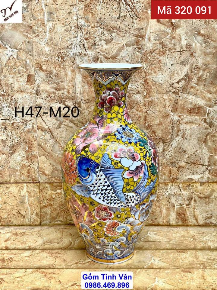 Lọ độc bình dáng bảo bình, mã 320091, men xanh lam, vẽ tay cá chép liên hoa sắc nét, cao 47 cm, bình gốm phong thủy hút tài lộc, vẽ vàng 24k, cá chép hoa, sen diên niên hữu dư, đời đời no đủ, gốm sứ bát tràng tinh vân