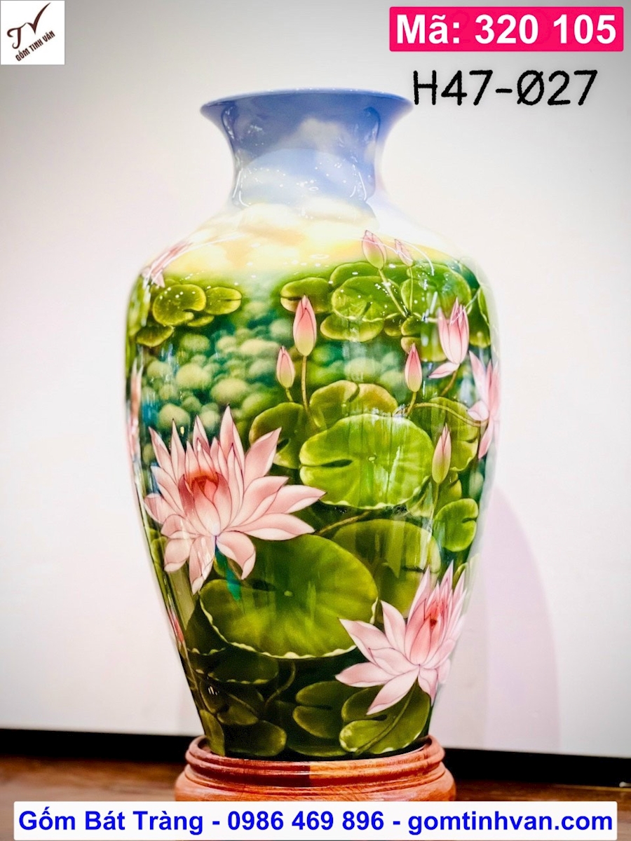 Bảo bình vẽ 3D, hoa sen, mã 320105, men xanh ngọc lục bảo, hoa văn vẽ tay sắc nét, sâu cảnh, bình gốm phong thủy hút tài lộc, cao 47 đk 27 cm, gốm bát tràng tinh vân