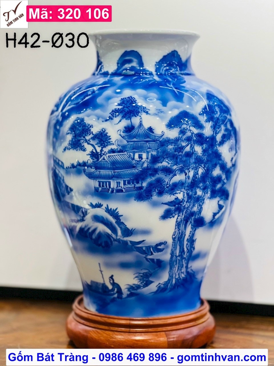 Bảo bình vẽ 3D, mã 320106, men xanh lam cổ, cảnh sơn thuỷ hữu tình, hoa văn vẽ tay sắc nét, sâu cảnh, bình gốm phong thủy hút tài lộc, cao 42 đk 30 cm, gốm bát tràng tinh vân