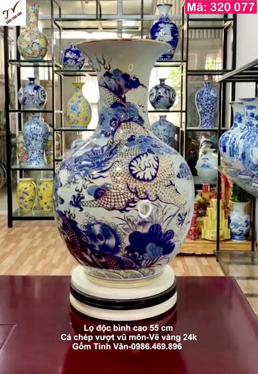 Lọ độc bình cá chép vượt vũ môn Cao 55 cm-Mã 320077-Vẽ vàng 24k cao cấp-Gốm Bát Tràng Tinh Vân