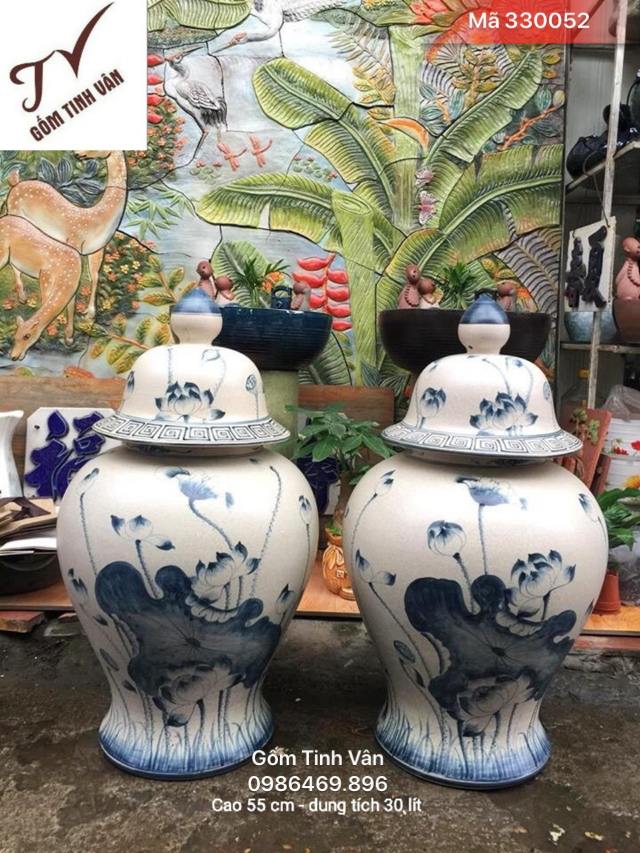 Choé tài lộc men rạn cổ, mã 330052, vẽ tay hoa sen sắc nét, tinh xảo, choé phong thủy, đựng gạo, ngâm rượu, trưng bày, gốm bát tràng, tinh vân