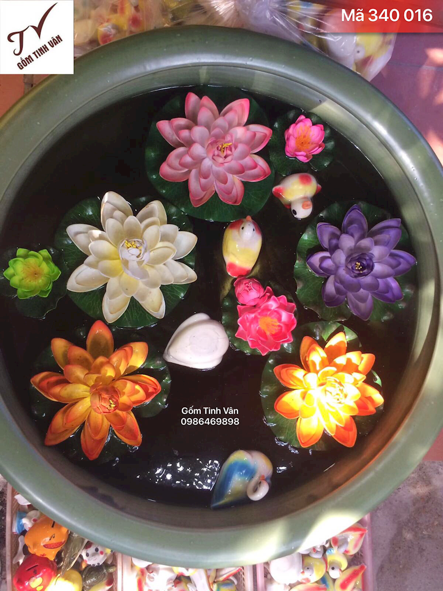 Bát nước phong thủy đk 40 cm, mã 340016, thả hoa sen, âm dương cân bằng, gốm sứ bát tràng, tinh vân