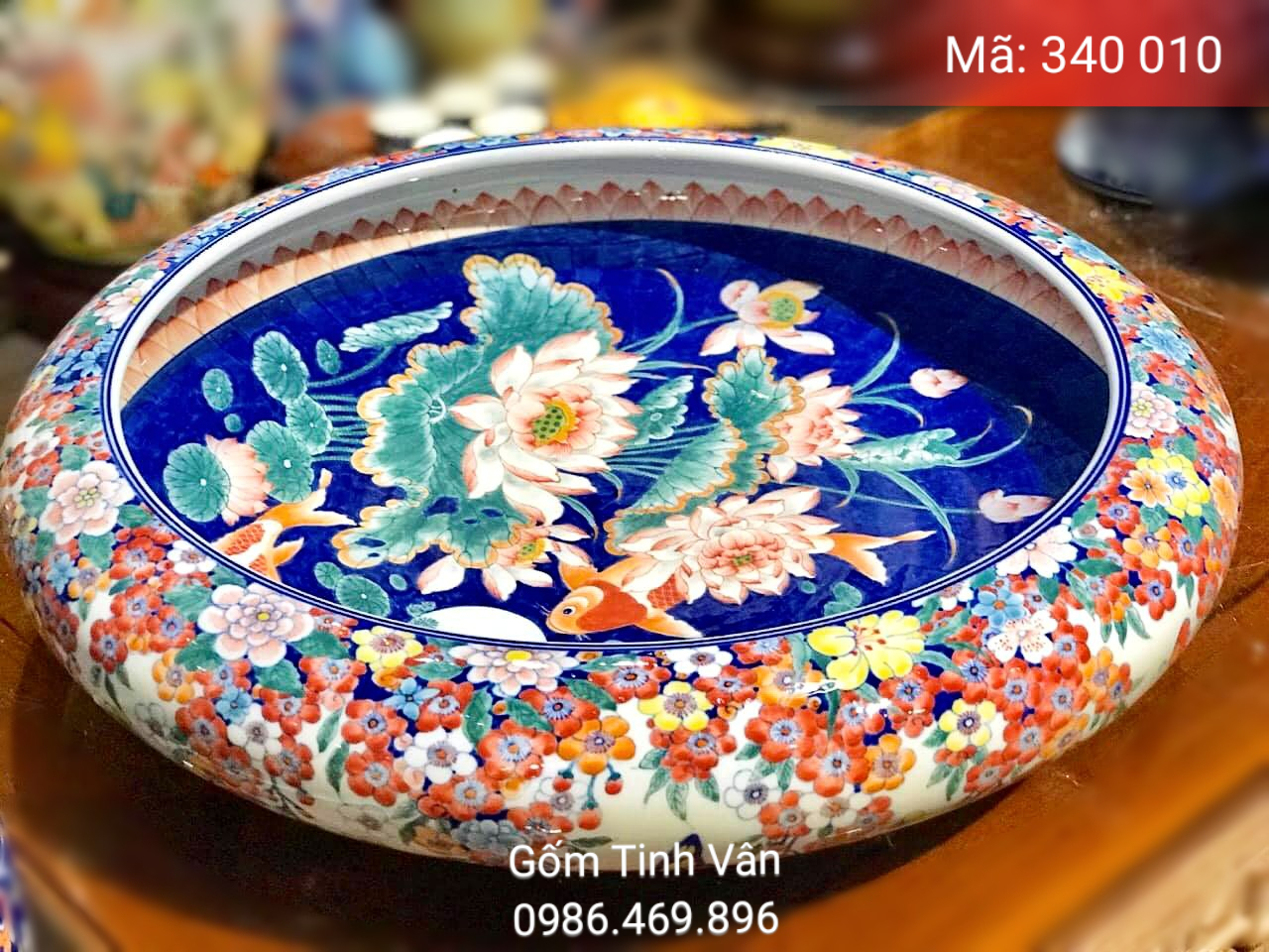 Bát nước, ang nước phong thủy, dk 50 cm, mã 340010, cá chép hoa sen, hoa văn vẽ kỹ, tinh xảo, gốm bát tràng, tinh vân