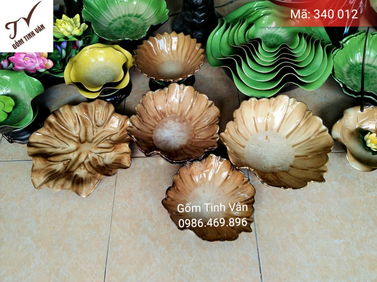 Các mẫu bát nước lá sen phong thủy, mã 340012, men thủy tinh xanh non, men nâu hoả biến, men vàng, đủ size từ 12-20-30-40-50-60-70 cm, gốm bát tràng, tinh vân
