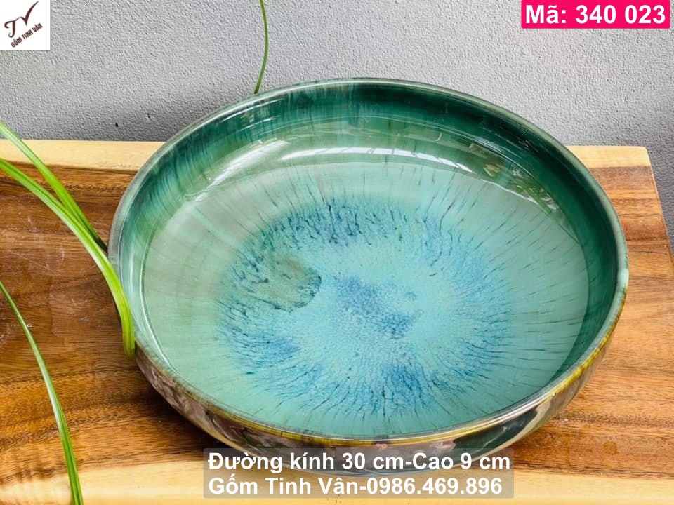 ang nuoc, bat nuoc phong thuy, ma 340023, men xanh ngoc bich, hoa bien, dk 32-cao 8 cm, hut tai loc, trang tri tieu canh, gom su bat trang tinh van