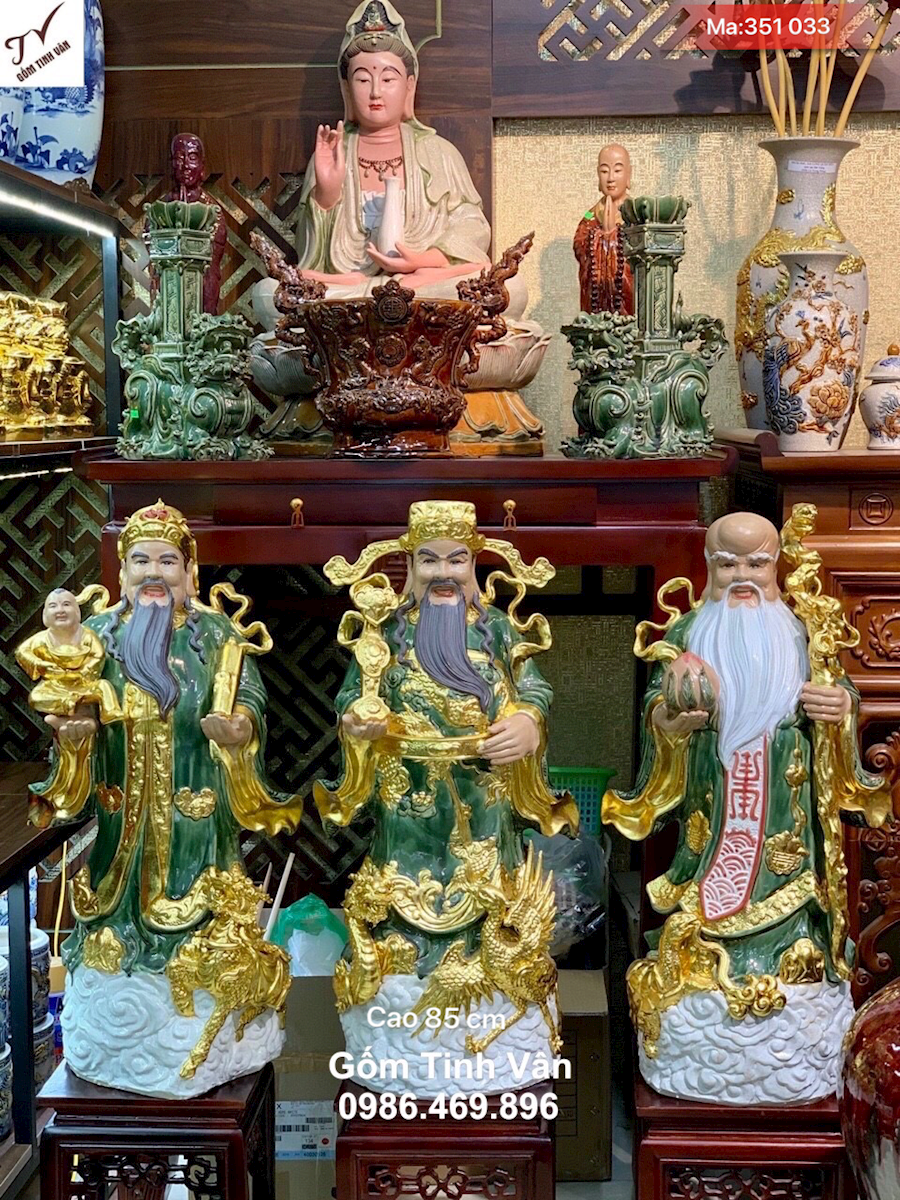 Bộ tam đa phúc lộc thọ cưỡi tứ linh rát vàng 24k cao cấp, mã 351033, long ly quy phụng, cao 85 cm, men xanh ngọc lục bảo, sang trọng đẳng cấp, tượng tam đa phong thuỷ gốm bát tràng