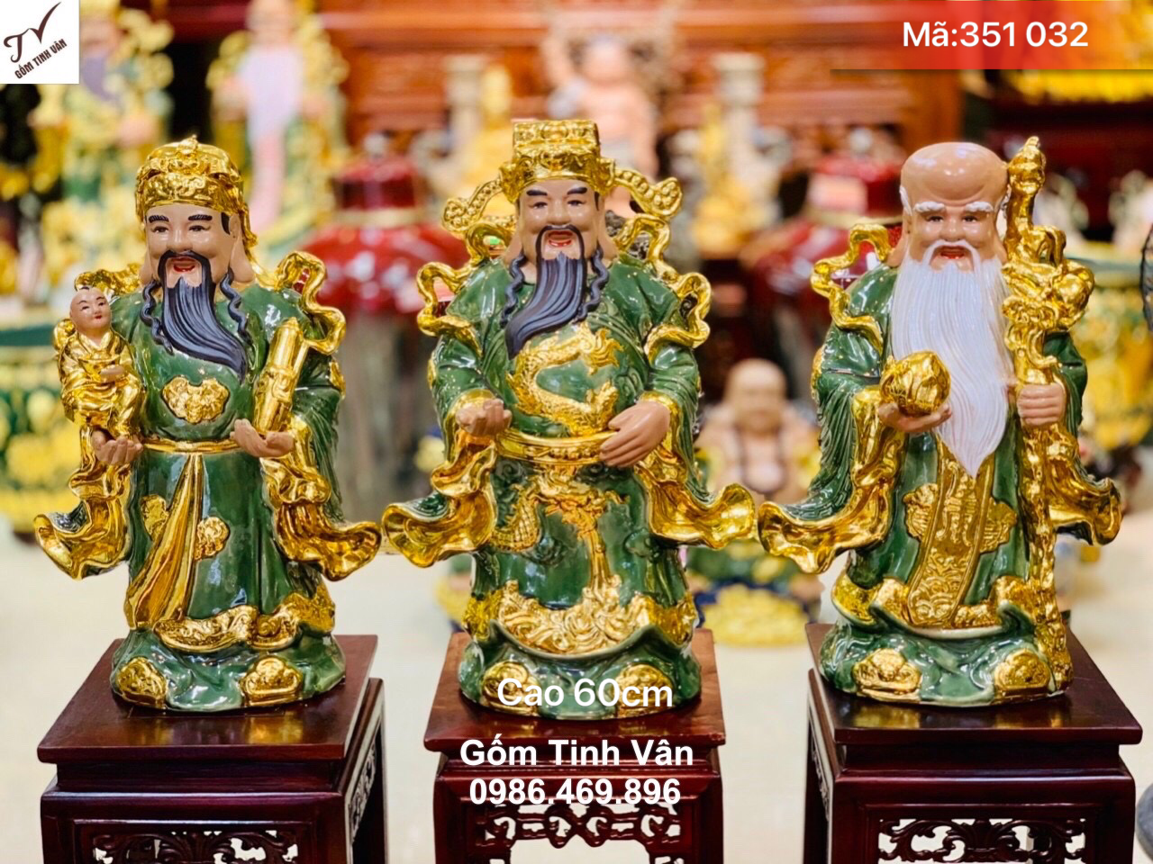 Bộ tam đa phúc lộc thọ rát vàng 24k cao cấp, mã 351032, cao 60 cm, men xanh ngọc lục bảo, sang trọng đẳng cấp, tượng tam đa phong thuỷ gốm bát tràng