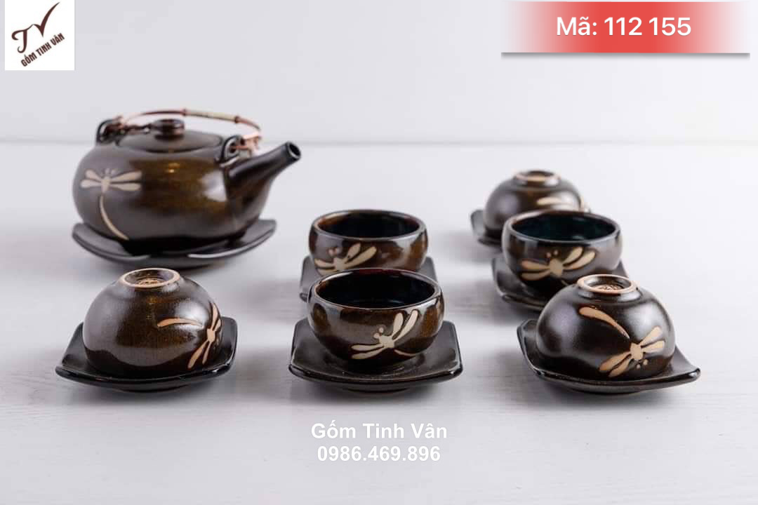 Bộ bình trà cao cấp, mã 112155, chạm khắc chuồn chuồn, do nghệ nhân chế tác, ấm dung tích 450ml, gốm sứ bát tràng, tinh vân