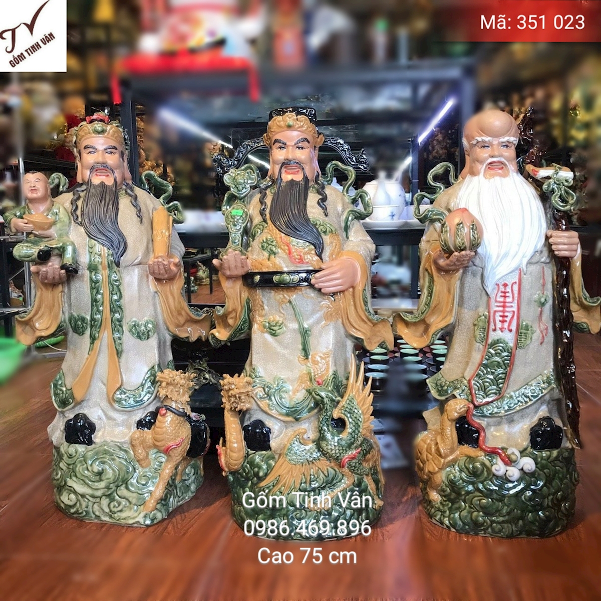 Bộ tam đa phúc lộc thọ, mã 351023, cưỡi long ly quy phụng, hoa văn chạm nổi, men rạn cổ, cao 75 cm, gốm bát tràng, tinh vân