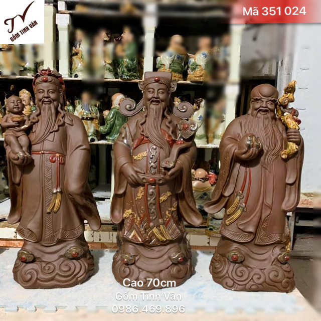 Bộ tượng tam đa, phúc lộc thọ, mã 351024, cao 70 cm, sắc nét, tinh xảo, gốm tử sa bát tràng, tinh vân