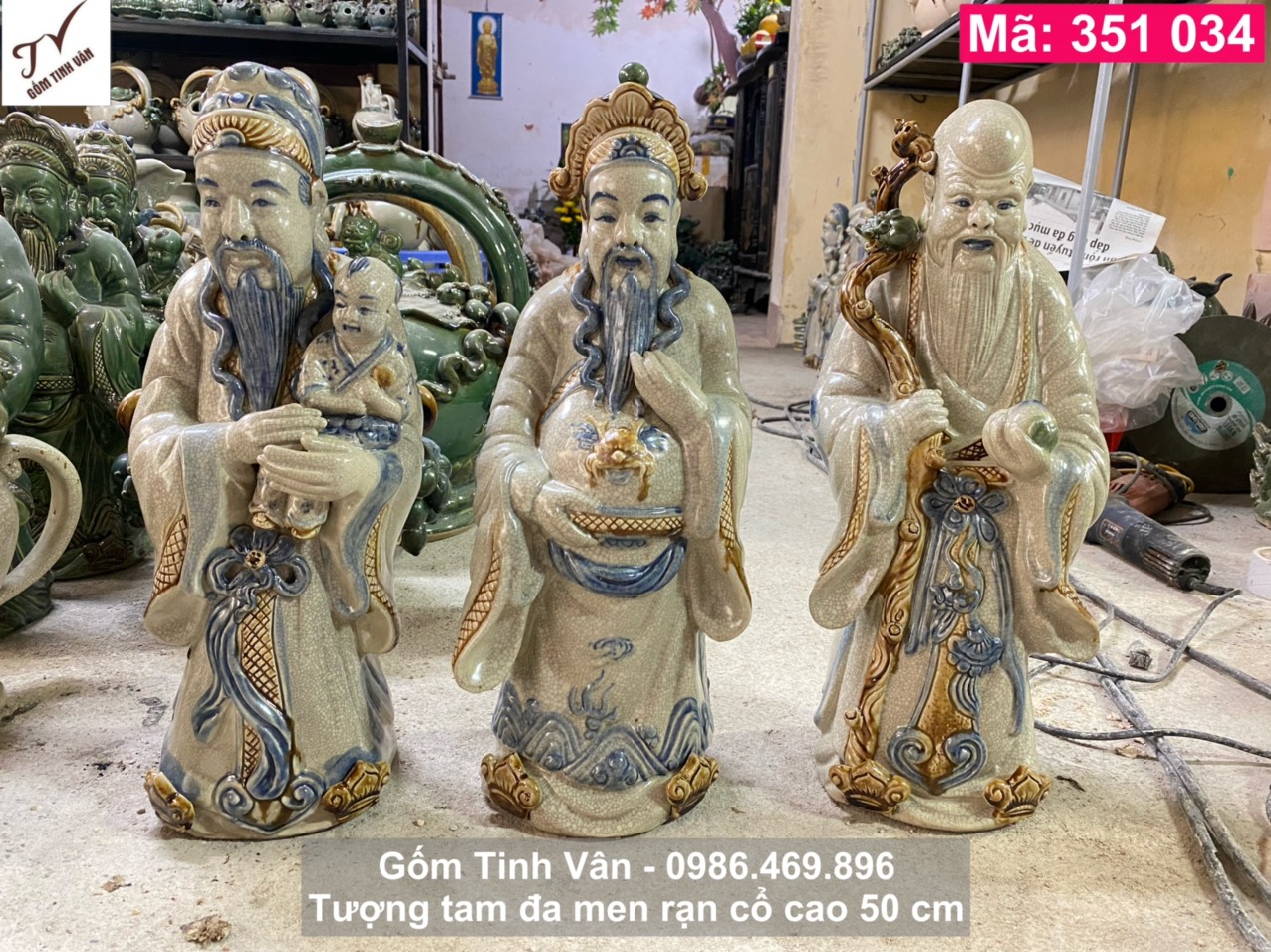 Bộ tam đa phúc lộc thọ, mã 351034, men rạn cổ, cao 50 ngang 17 cm, tượng phong thuỷ, gốm bát tràng tinh vân