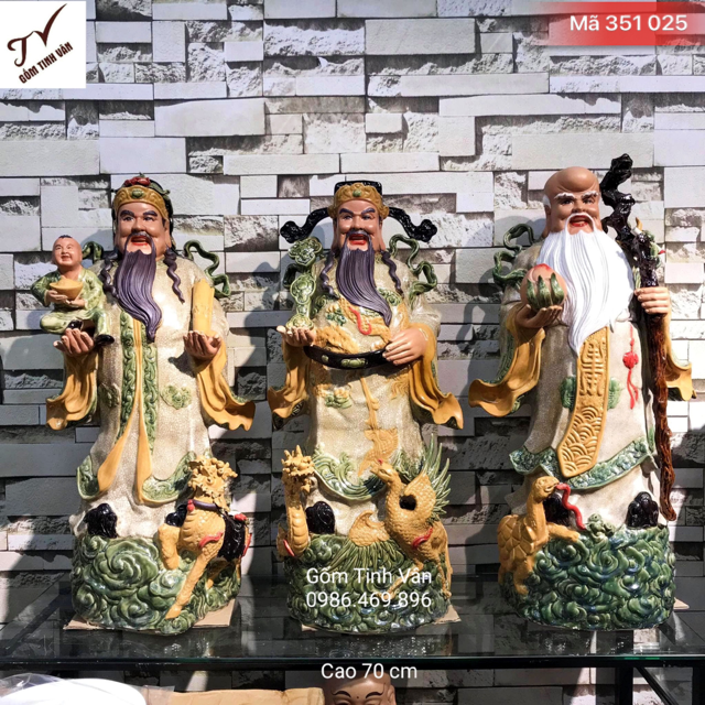 Tượng tam đa phúc lộc thọ phong thủy, mã 351025, men rạn cổ đắp nổi, long ly quy phụng, sắc nét tinh xảo, cao 70 cm, gốm sứ bát tràng, tinh vân