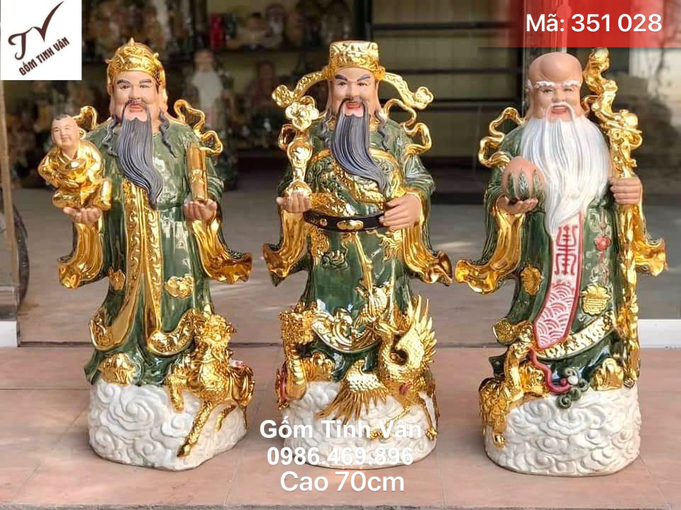 Tượng tam đa phúc lộc thọ vẽ vàng 24k, mã 351028, cao 70 cm, chạm nổi long ly quy phụng, men xanh ngọc lục bảo cao cấp, gốm sứ bát tràng, tinh vân