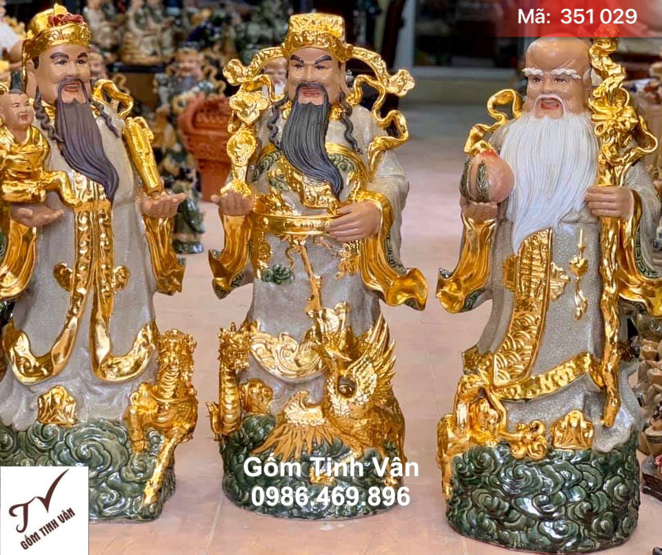 Tượng tam đa phúc lộc thọ vẽ vàng 24k, mã 351029, cao 70 cm, chạm nổi long ly quy phụng, men rạn cổ cao cấp, gốm sứ bát tràng, tinh vân