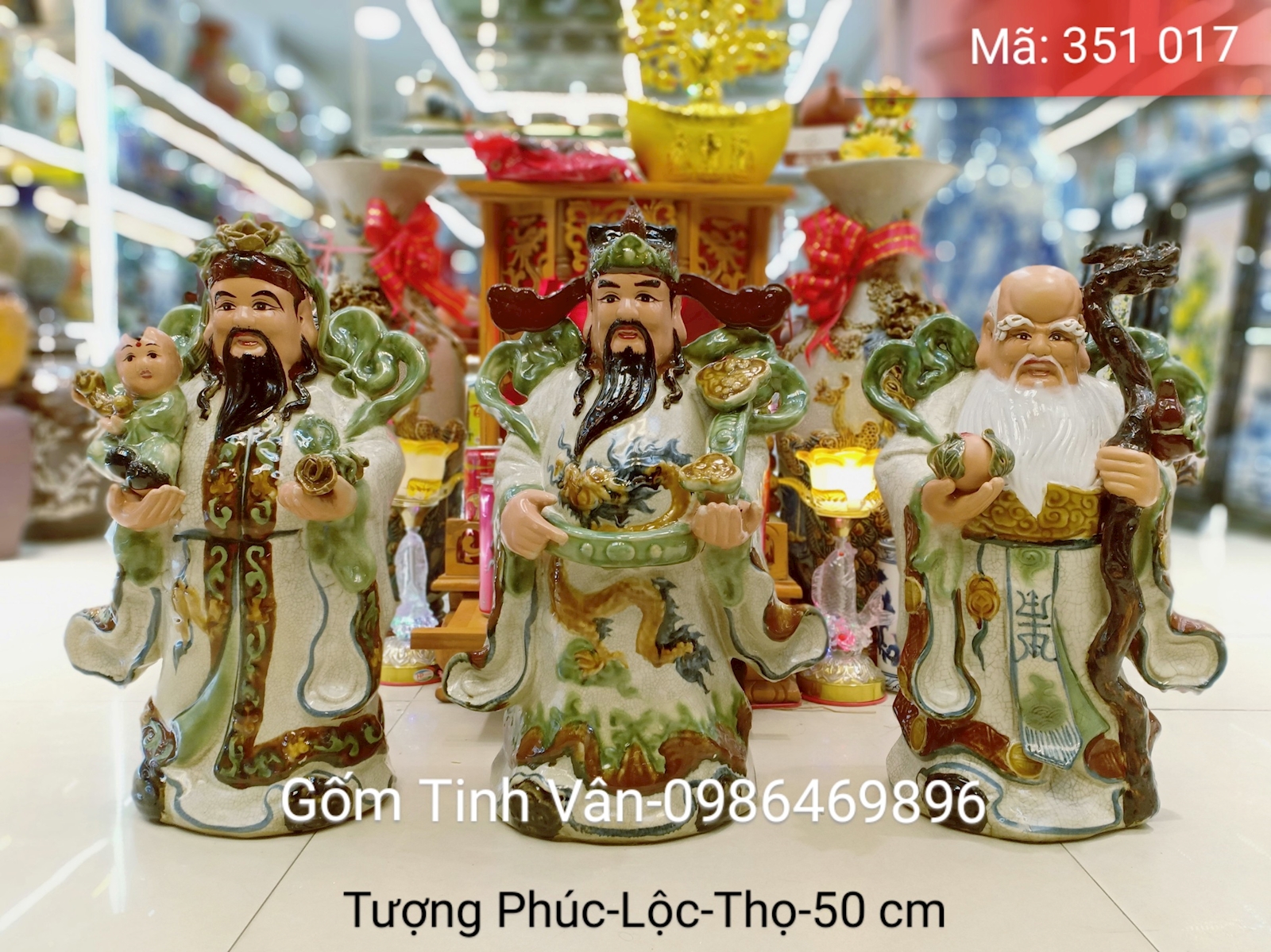 Tượng tam đa phúc lộc thọ, mã 351017, cao 50 cm,  men rạn cổ, gốm sứ bát tràng, tinh vân