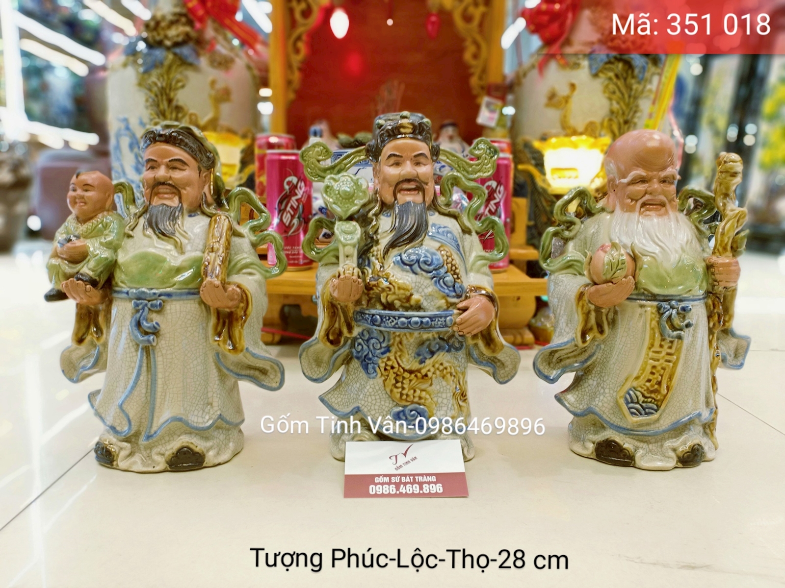Tượng tam đa phúc lộc thọ, mã 351018, cao 28 cm,  men rạn cổ đắp nổi, gốm sứ bát tràng, tinh vân