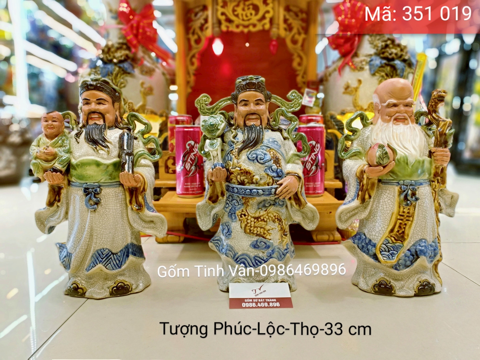 Tượng tam đa phúc lộc thọ, mã 351019, cao 33 cm,  men rạn cổ đắp nổi, gốm sứ bát tràng, tinh vân