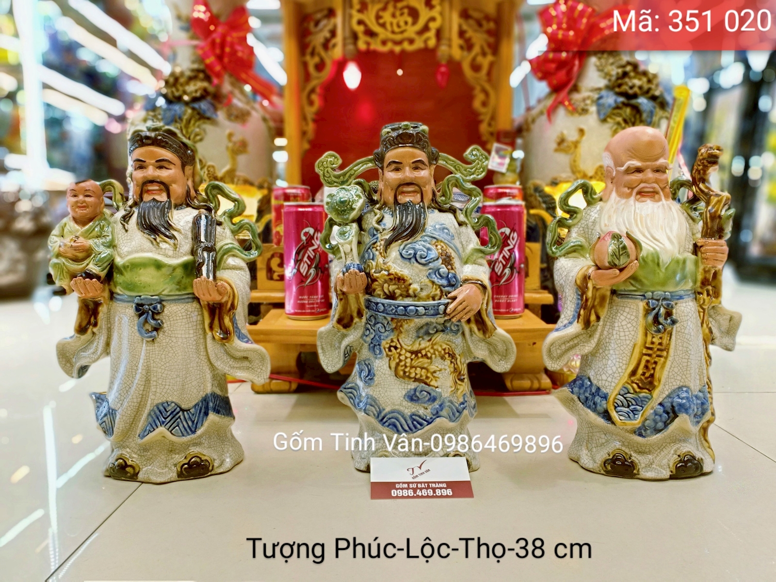 Tượng tam đa phúc lộc thọ, mã 351020,  cao 38 cm,  men rạn cổ đắp nổi, gốm sứ bát tràng, tinh vân