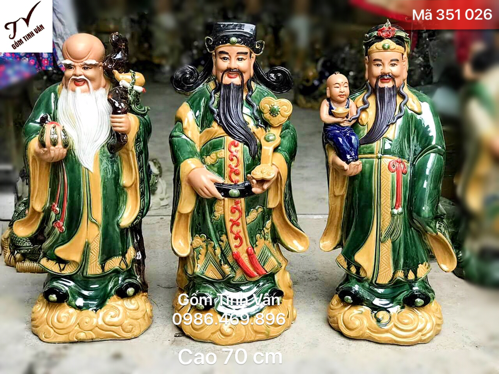 Tượng tam đa phúc lộc thọ, mã 351026, men xanh ngọc lục bảo, cao 70 cm, mang phước lộc, may mắn cho gia chủ, chế tác tinh xảo, sắc nét, gốm sứ bát tràng, tinh vân