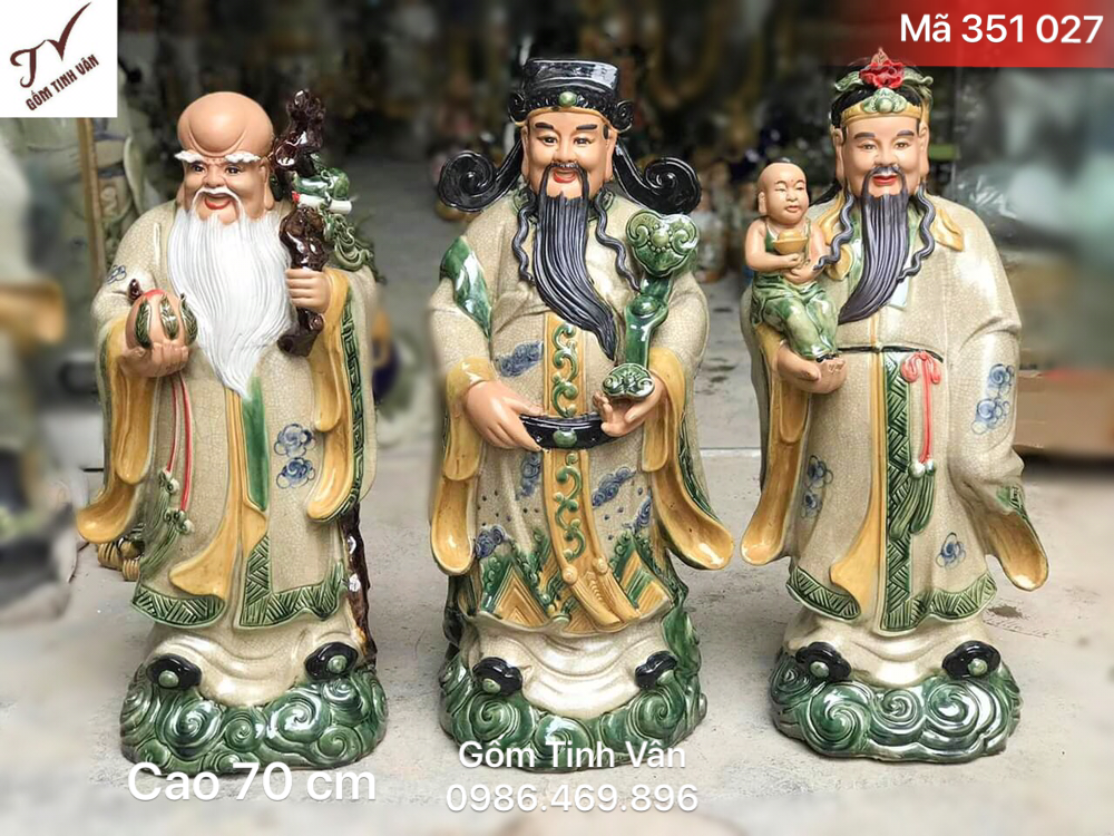 Tượng tam đa phúc lộc thọ, mã 351027, men rạn cổ, cao 70 cm, mang phước lộc, may mắn cho gia chủ, chế tác tinh xảo, sắc nét, gốm sứ bát tràng, tinh vân