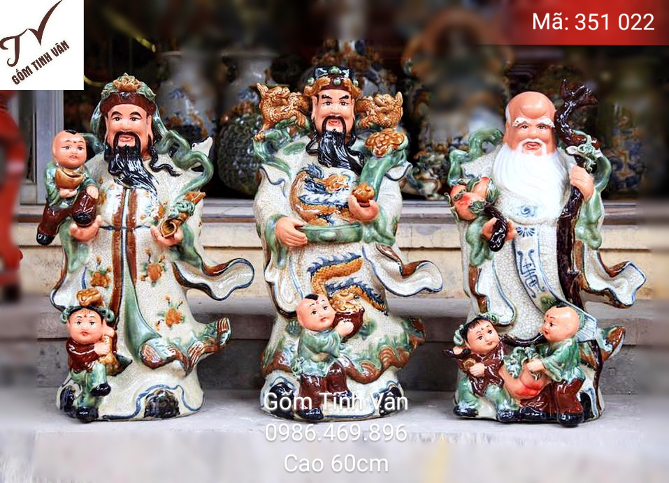 Tượng tam đa, mã 351022, phúc lộc thọ, men rạn cổ, ngũ phúc, bách nhi bách phúc, cao 60 cm, hoa văn đắp nổi, gốm bát tràng, tinh vân