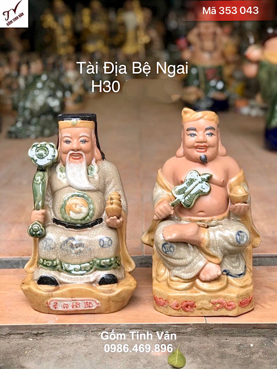 Bộ tượng thần tài địa bệ ngai, mã 353043, hoa văn đắp nổi 3D, cao 30 cm, men rạn cổ cao cấp, đồ thờ bát tràng tinh vân