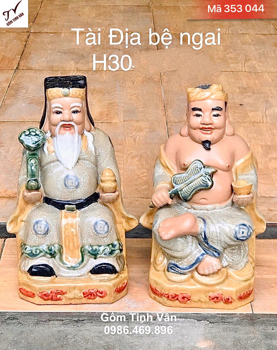 Bộ tượng thần tài địa bệ vàng, mã 353044, hoa văn đắp nổi 3D, cao 30 cm, men rạn cổ cao cấp, đồ thờ bát tràng tinh vân