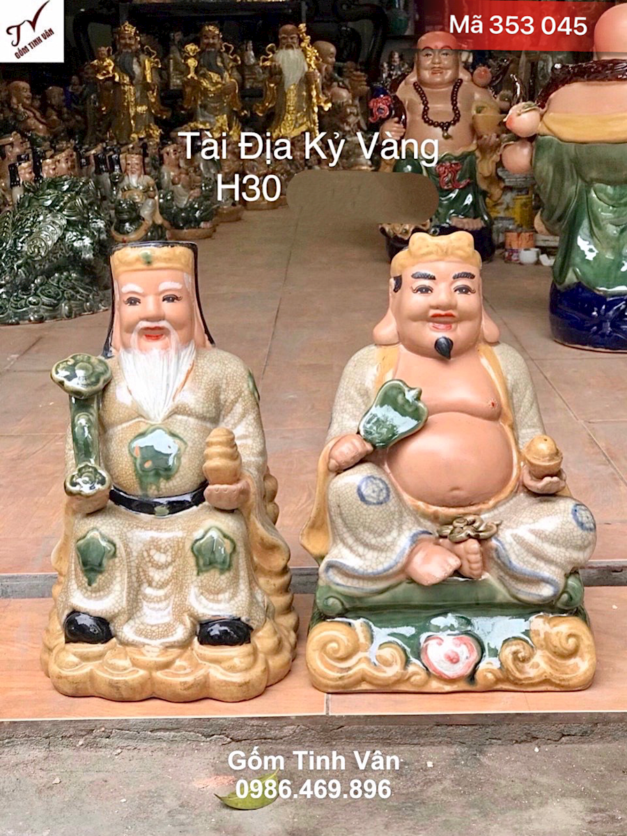 Bộ tượng thần tài địa kỷ vàng, mã 353045, hoa văn đắp nổi 3D, cao 30 cm, men rạn cổ cao cấp, đồ thờ bát tràng tinh vân
