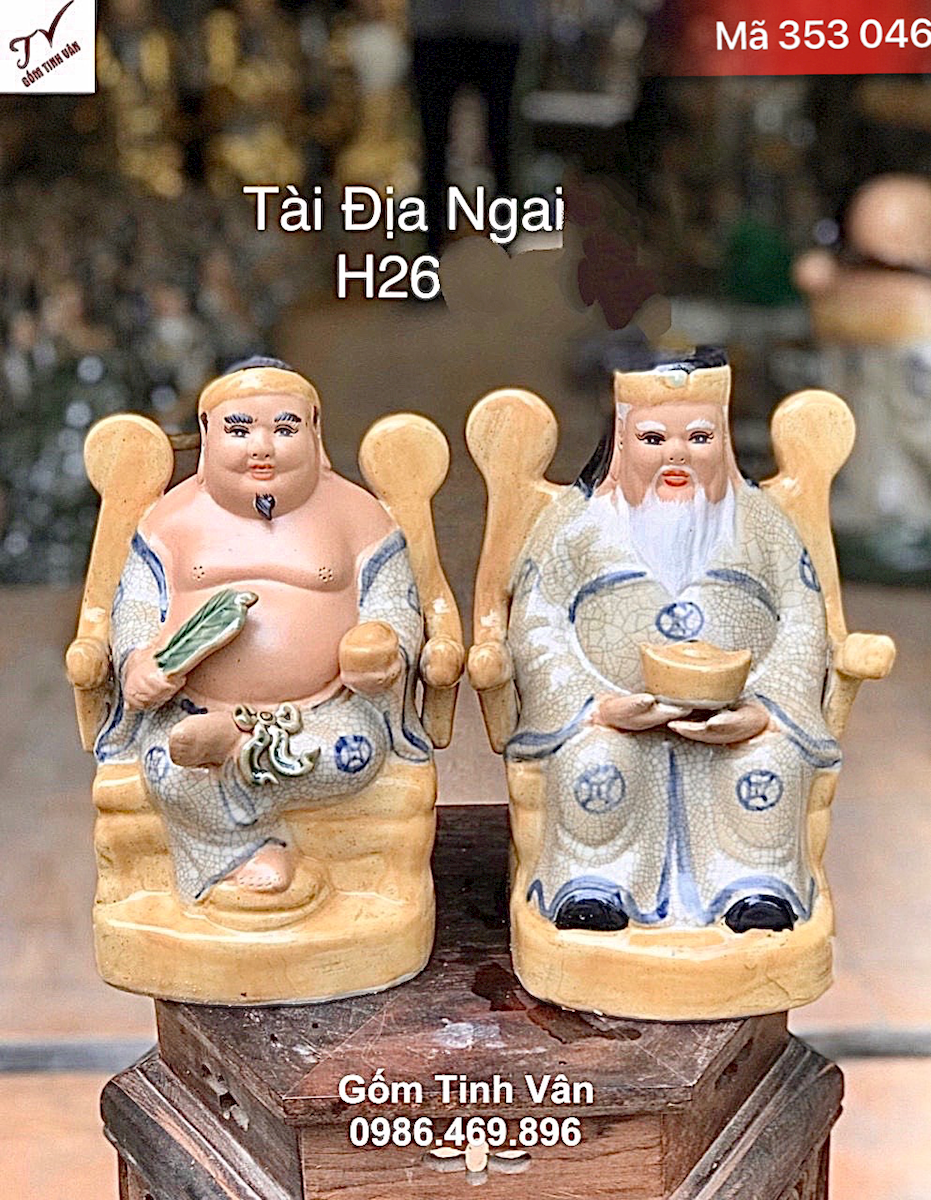 Bộ tượng thần tài địa ngai, mã 353046, hoa văn đắp nổi 3D, cao 26 cm, men rạn cổ cao cấp, đồ thờ bát tràng tinh vân