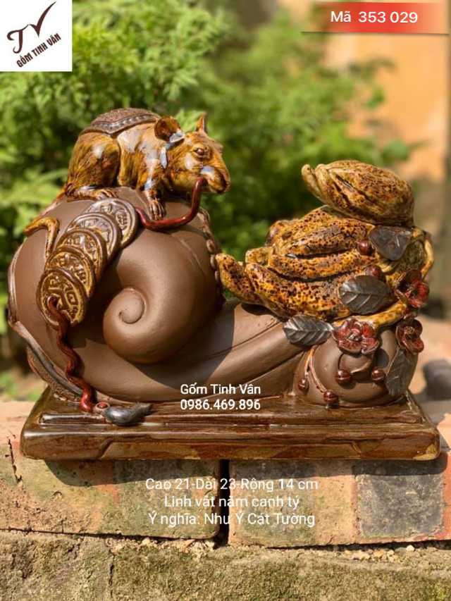 Chuột ngũ phúc, phát tài phát lộc, mã 353029, Cao 21-Dài 23-Rộng 14 cm, linh vật năm canh tý Ý nghĩa: Như Ý Cát Tường, gốm bát tràng, tinh vân