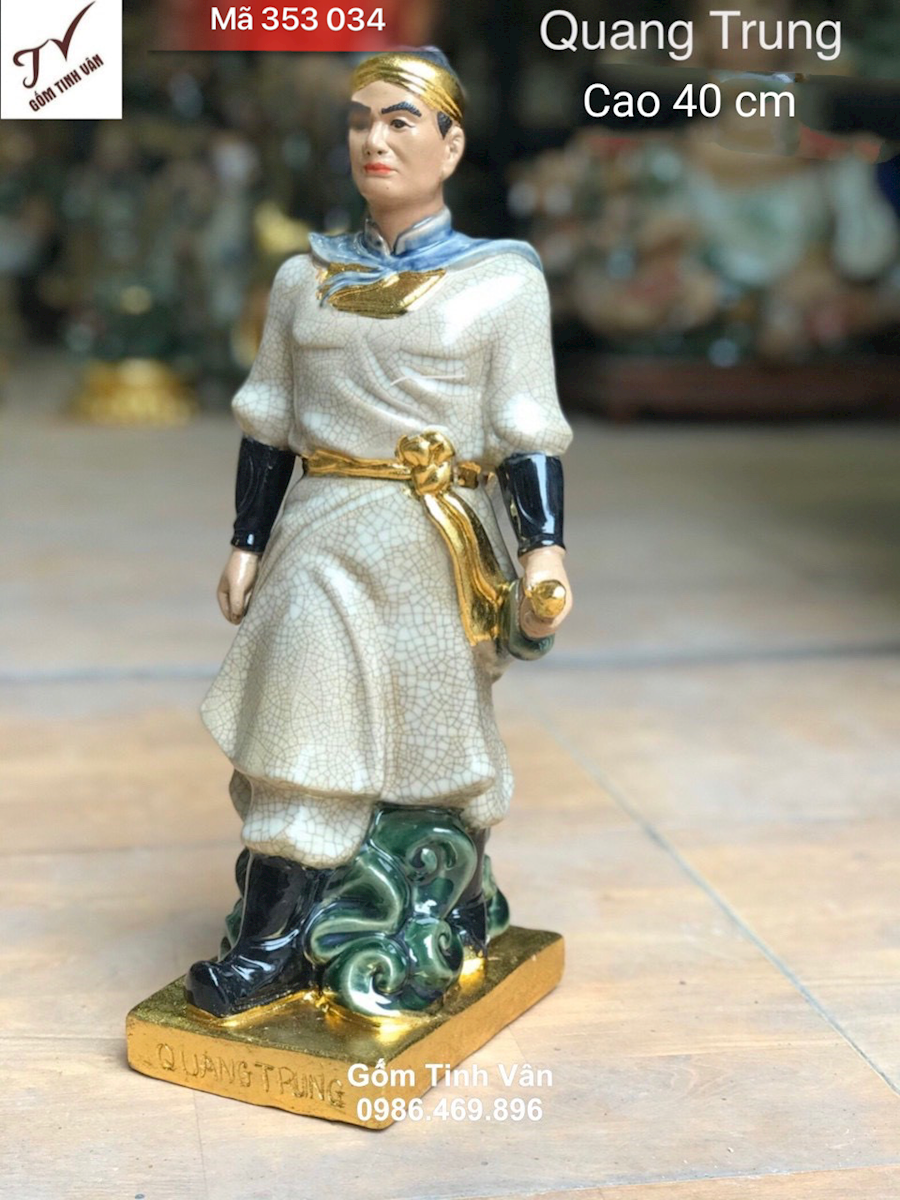 Tượng anh hùng Quang Trung Nguyễn Huệ, men rạn cổ, rát vàng 24 k, cao 40 cm, tượng gốm bát tràng cao cấp